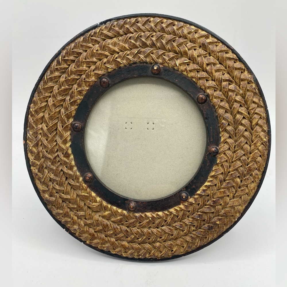 Mixed Media Round Tabletop Frame Basketweave Pattern & Riveted Border
